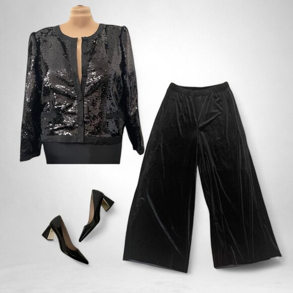 RYEGRASS Black Sequin Evening Jacket Puff Sleeve Shoulder Pads, NWT. Size XXL - Picture 3 of 11